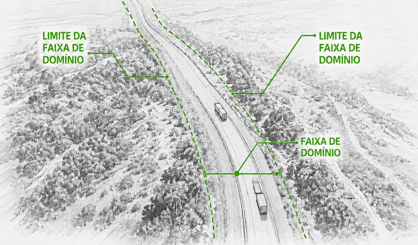 Ilustração dos limites da faixa de domínio ao longo da rodovia